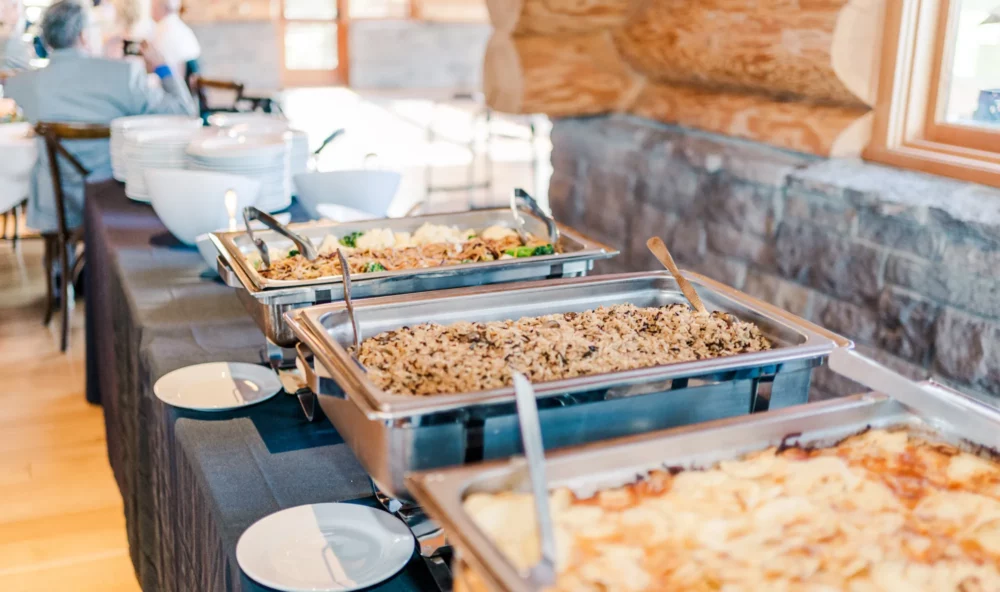 Catered buffet food at a wedding reception
